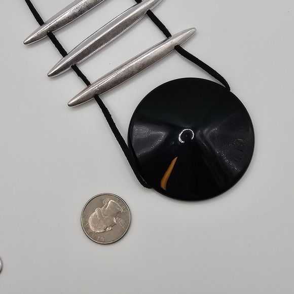 Marla Wynne HCN LG Stmt Necklace Black w/ Silver Metal Bars Fairy Goth Elegant - Picture 2 of 14